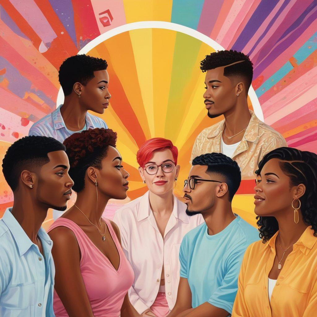 A vibrant and dynamic scene showcasing diverse individuals from the LGBTQ+ community engaging in open discussions about sexual health, with elements from the adult entertainment industry visually represented, such as film reels and artistic illustrations of performers. The background features colorful abstract patterns symbolizing diversity and inclusivity, while pastel tones create a warm atmosphere of acceptance. super-realistic. vibrant colors. abstract background.